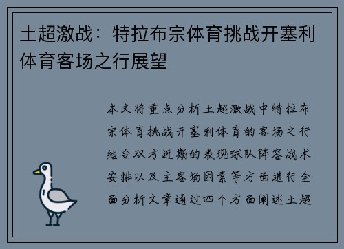 土超激战：特拉布宗体育挑战开塞利体育客场之行展望